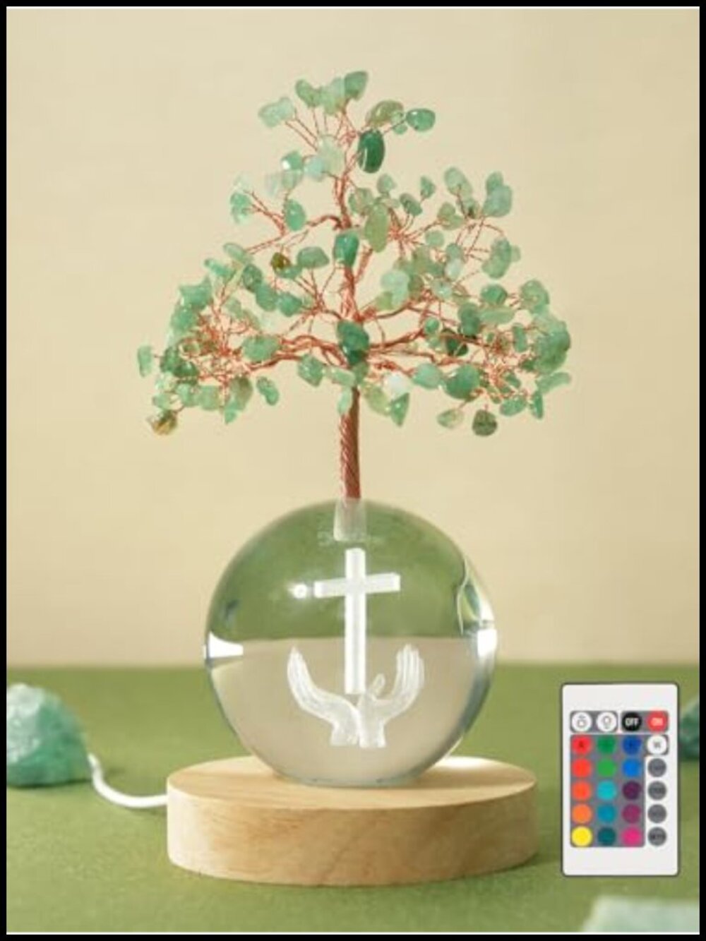 Healing Crystal Tree LED Lamp Glass Cross Engraving Remote Control